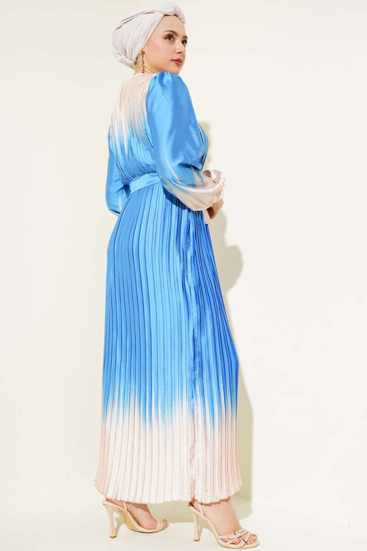 Two-Toned Pleated Satin Dress Indigo