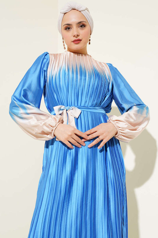 Two-Toned Pleated Satin Dress Indigo