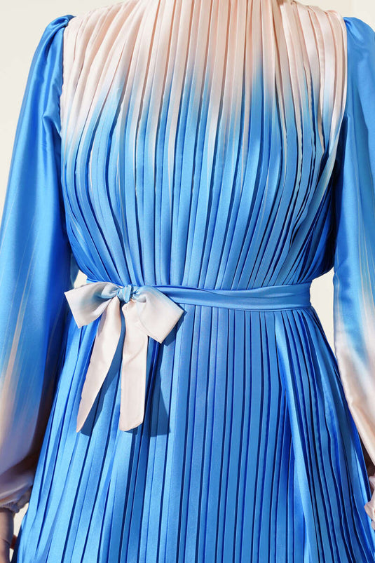 Two-Toned Pleated Satin Dress Indigo