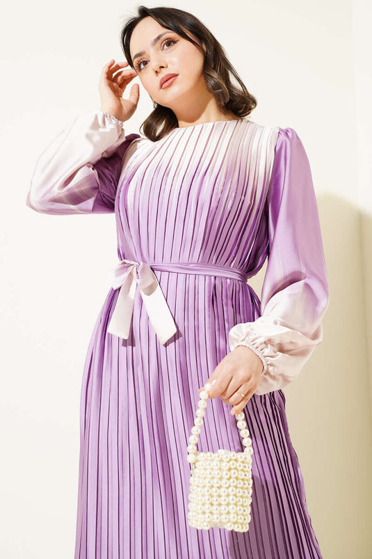 Çift Renkli Piliseli Saten Elbise Lila