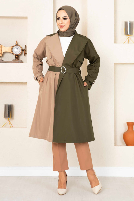 معطف ترنش ثنائي اللون 100MD-10016 كاكي