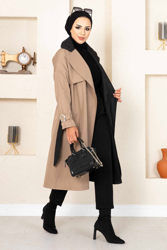 Çift Renkli Trençkot 100MD-10016 Krem-Siyah