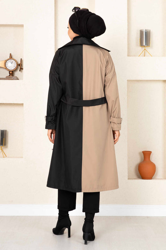 معطف ترنش ثنائي اللون 100MD-10016 كريمي-أسود