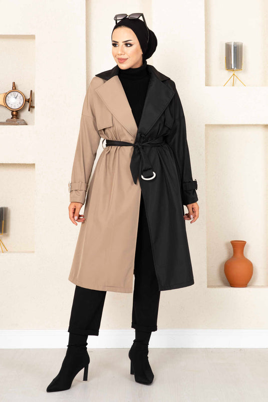 معطف ترنش ثنائي اللون 100MD-10016 كريمي-أسود