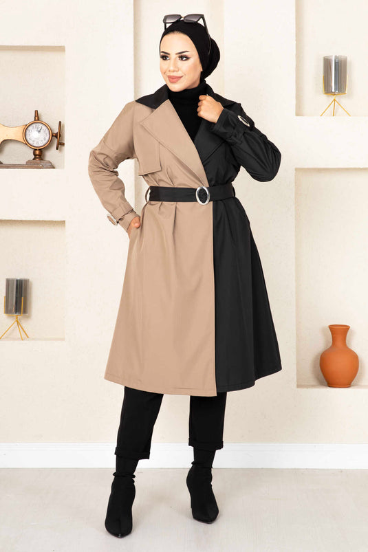 معطف ترنش ثنائي اللون 100MD-10016 كريمي-أسود