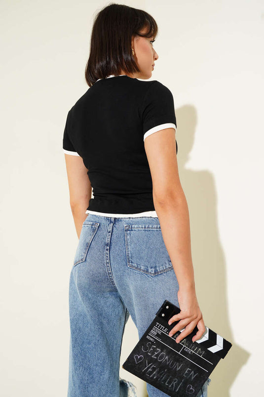 بدلة قصيرة مضلعة مزدوجة، أسود