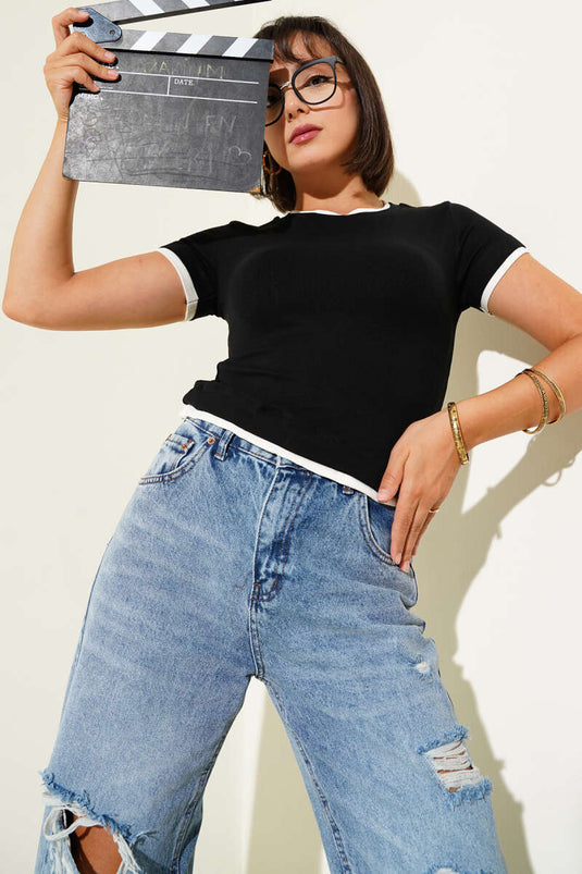 بدلة قصيرة مضلعة مزدوجة، أسود