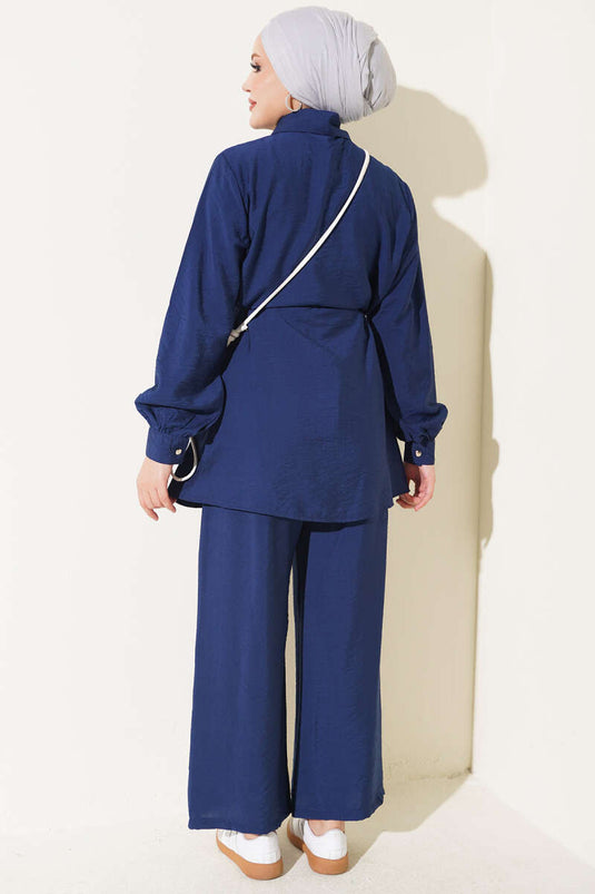 Navy Double-Striped Belted Two-Piece Set