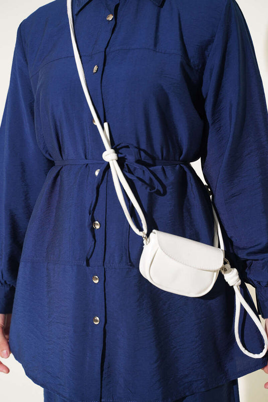 Navy Double-Striped Belted Two-Piece Set