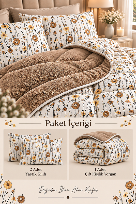 Doppelbett-Duvet-Set Beidseitig Ecru