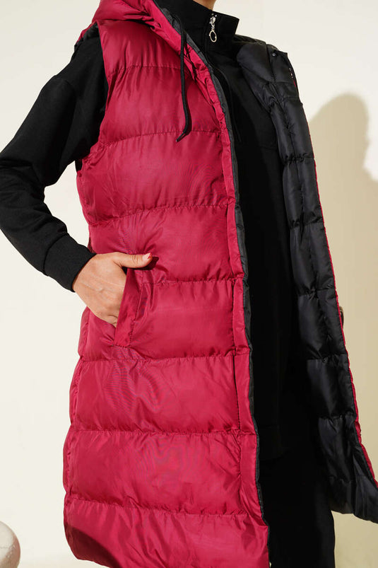 سترة منتفخة بسحاب مزدوج الجوانب باللون الأسود العنابي