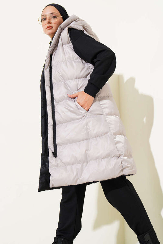 Çift Taraflı Fermuarlı Şişme Yelek Siyah Gri