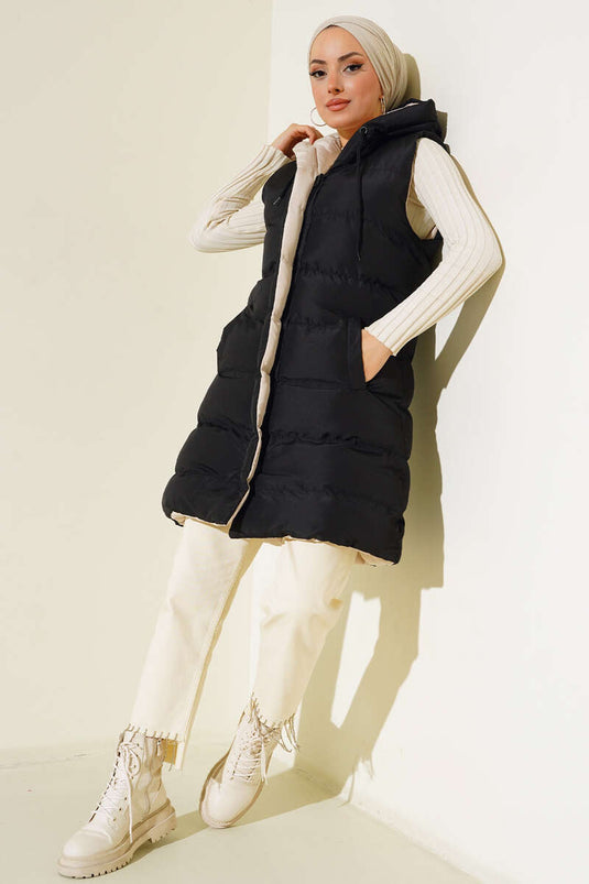 Double-Sided Zippered Puffer Vest Black Stone