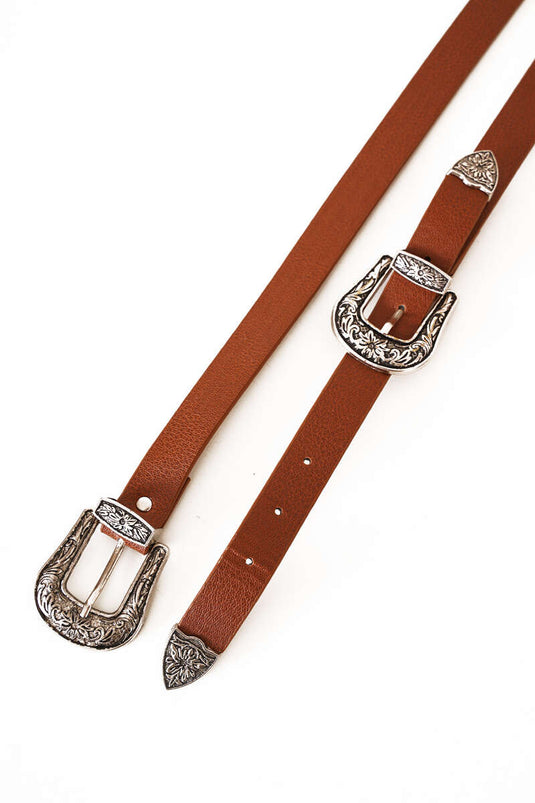 Double Buckle Patterned Belt Tan