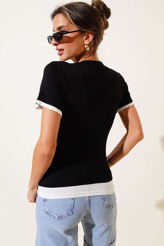 Double Collar Look T-shirt Black