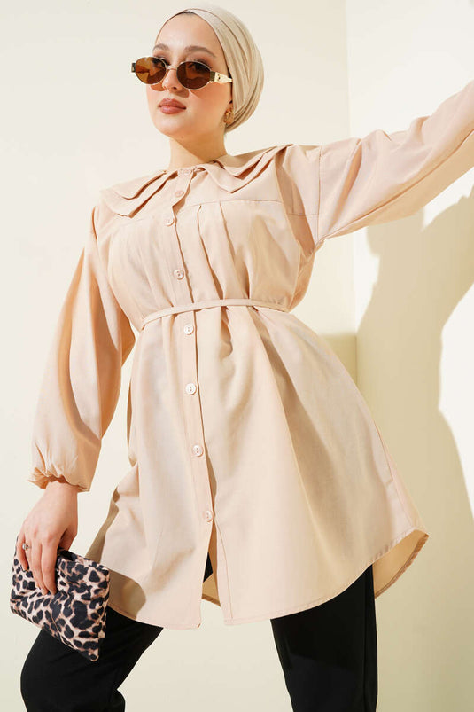 Double Collar Rope Belted Shirt Beige