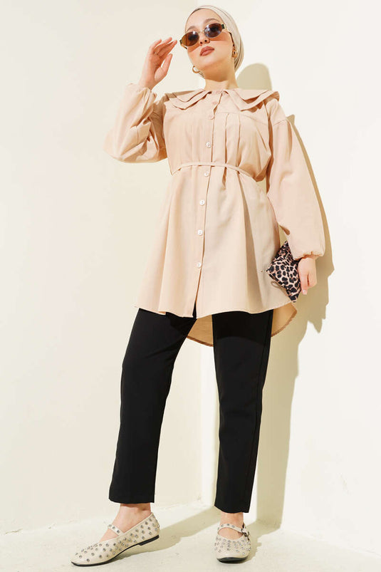 Double Collar Rope Belted Shirt Beige