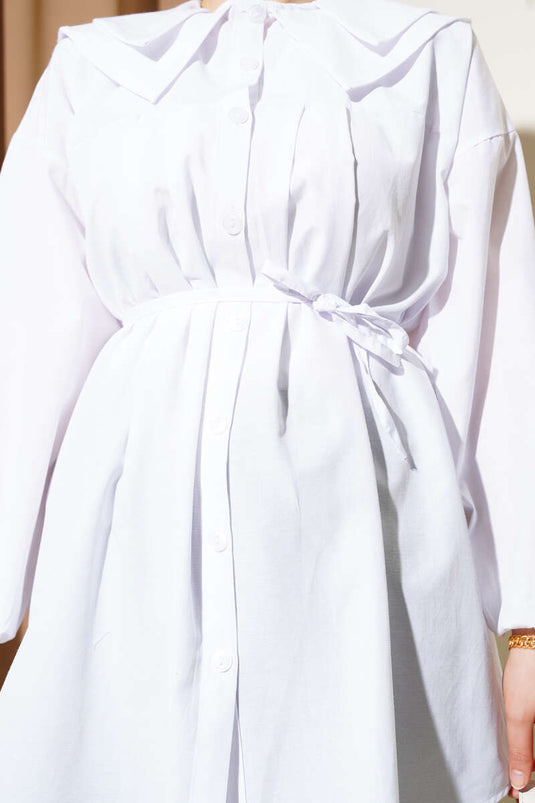 Double Collar Rope Belted Shirt White