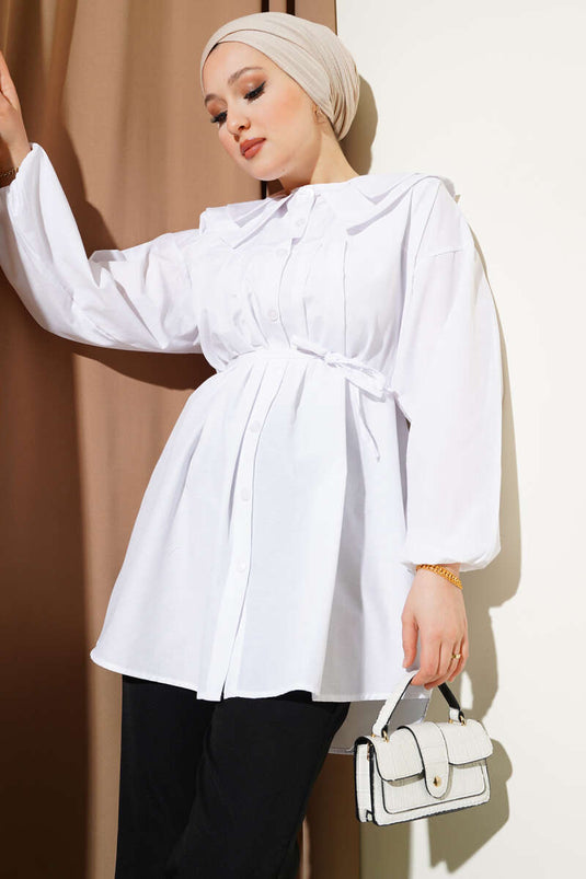 Double Collar Rope Belted Shirt White