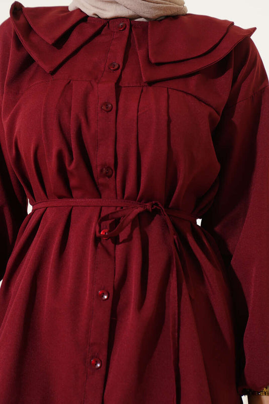 Çift Yaka İp Kuşaklı Gömlek Bordo