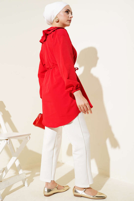 Double Collar Rope Belted Shirt Red