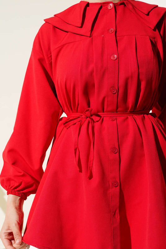 Double Collar Rope Belted Shirt Red
