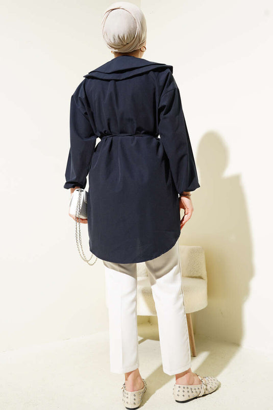 Çift Yaka İp Kuşaklı Gömlek Lacivert