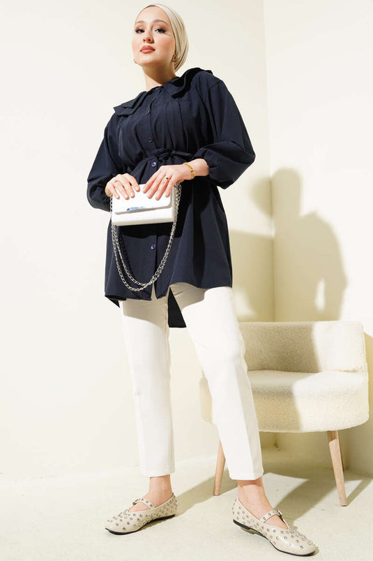 Çift Yaka İp Kuşaklı Gömlek Lacivert