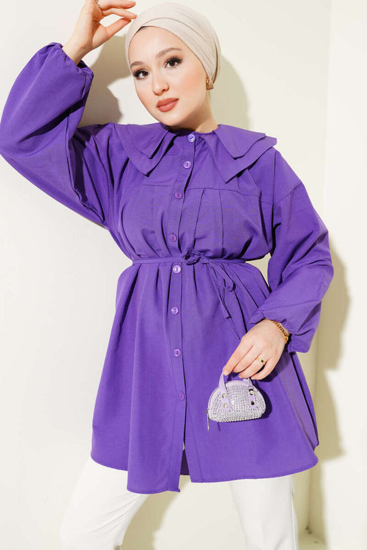 Dubbele kraag touw riem overhemd paars