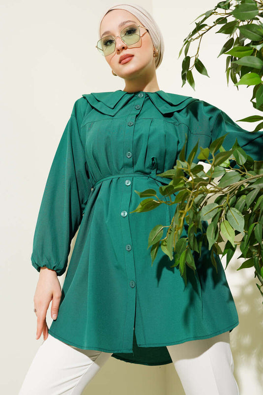 Chemise à double col et ceinture en corde émeraude