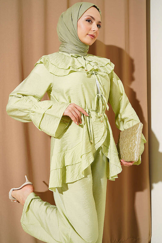 Double Collar Drawstring Two-Piece Set in Pistachio Green