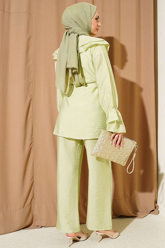 Double Collar Drawstring Two-Piece Set in Pistachio Green