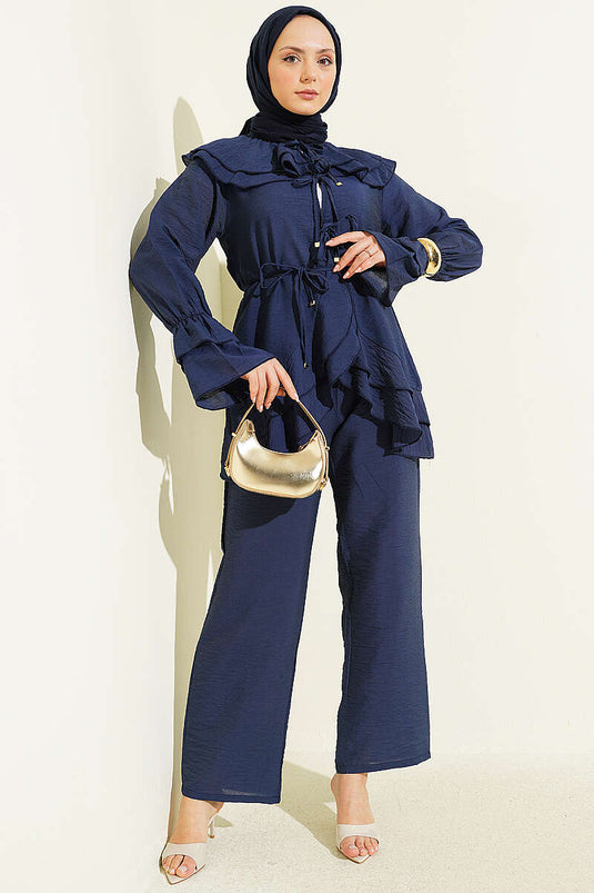 Ensemble double avec col double et cordon, bleu marine