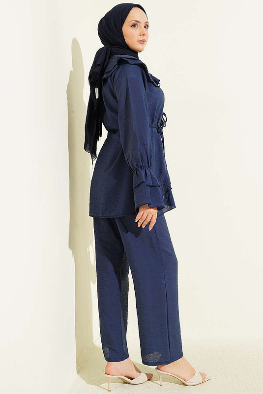 Double Collar Drawstring Two-Piece Set Navy Blue