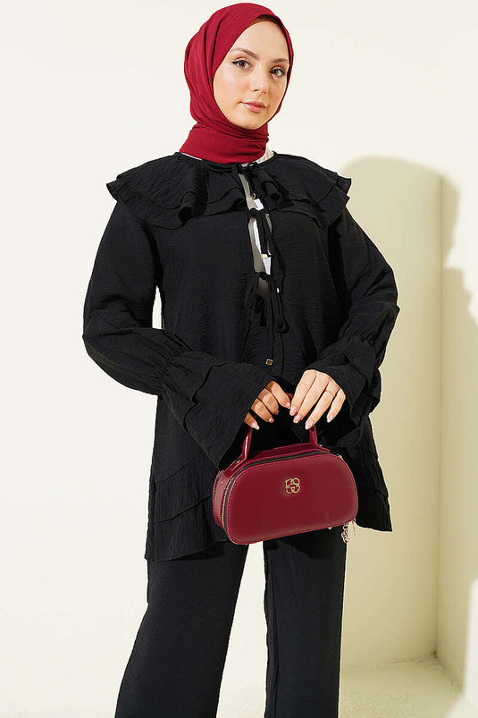 Double Collar Drawstring Two-Piece Set Black