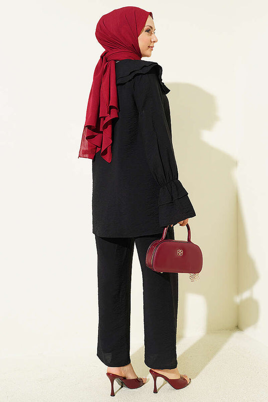 Double Collar Drawstring Two-Piece Set Black