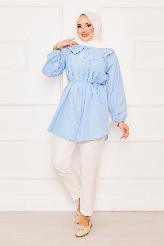 Chemise hijab nouée à la taille et à double col bleu bébé