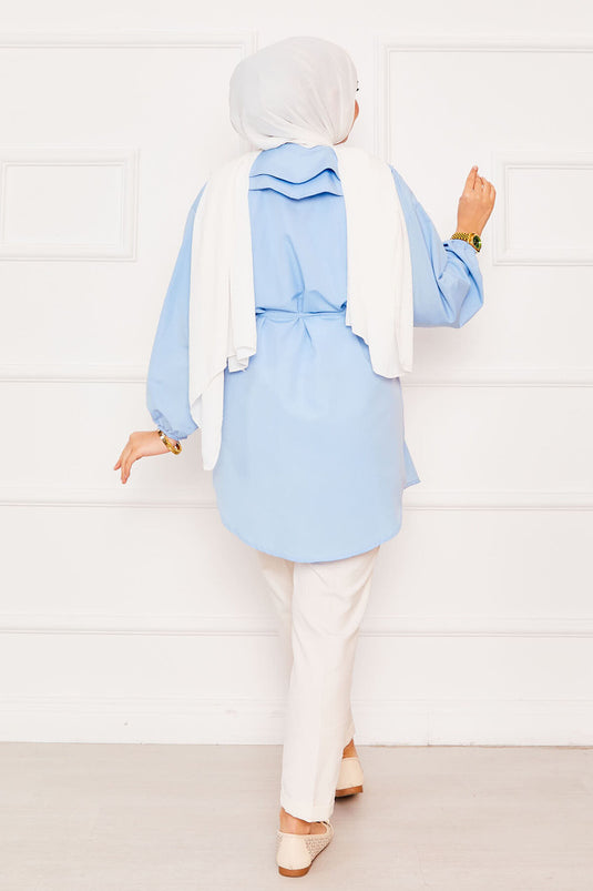 قميص حجاب برباط خصر مزدوج، أزرق فاتح