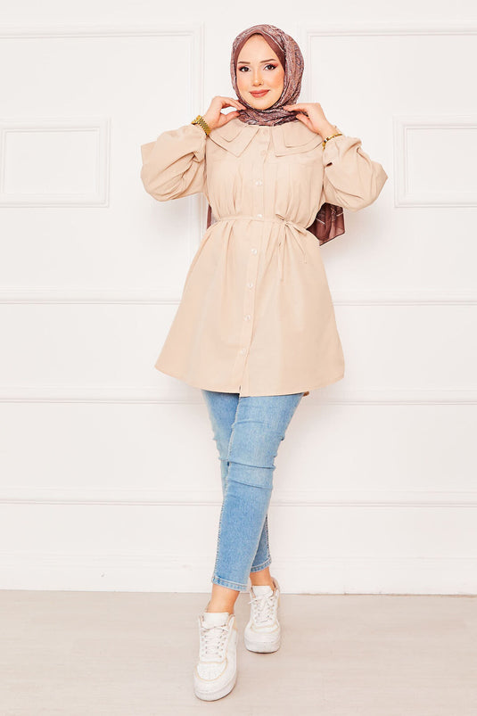 Chemise hijab beige à double col et taille nouée