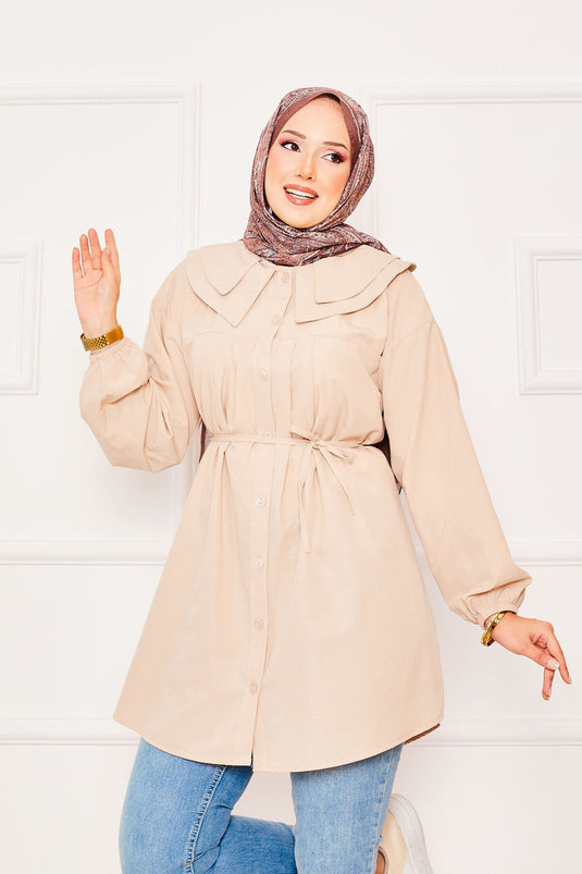 Chemise hijab beige à double col et taille nouée