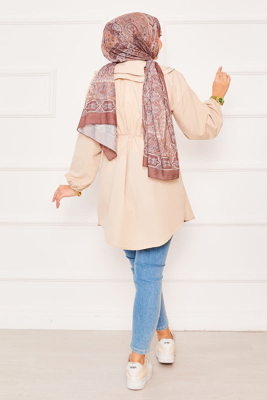 Çift Yakalı Beli Bağcıklı Tesettür Gömlek Bej