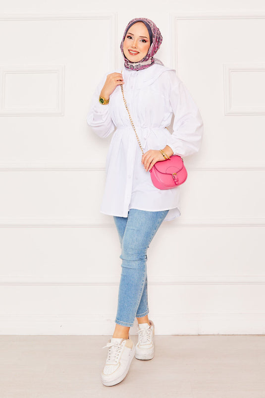 Chemise hijab blanche à double col et taille nouée
