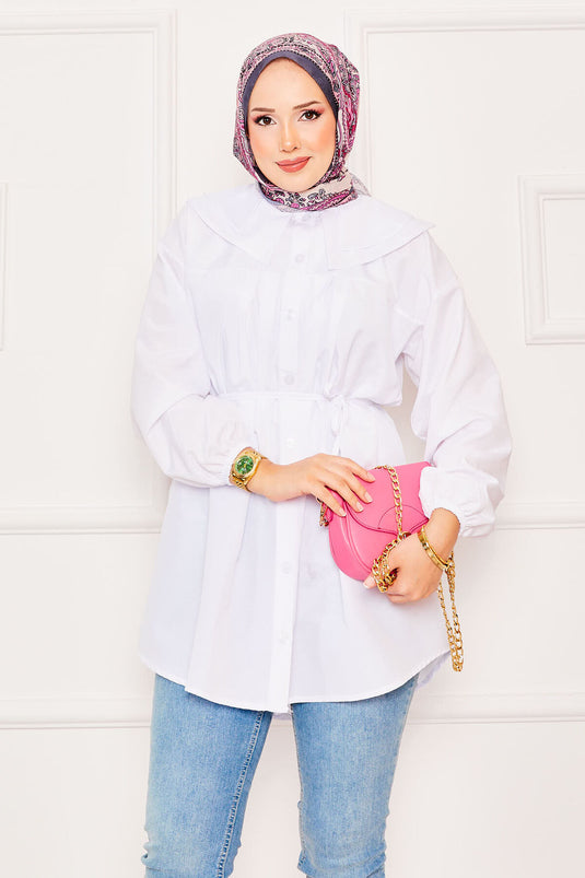 Chemise hijab blanche à double col et taille nouée