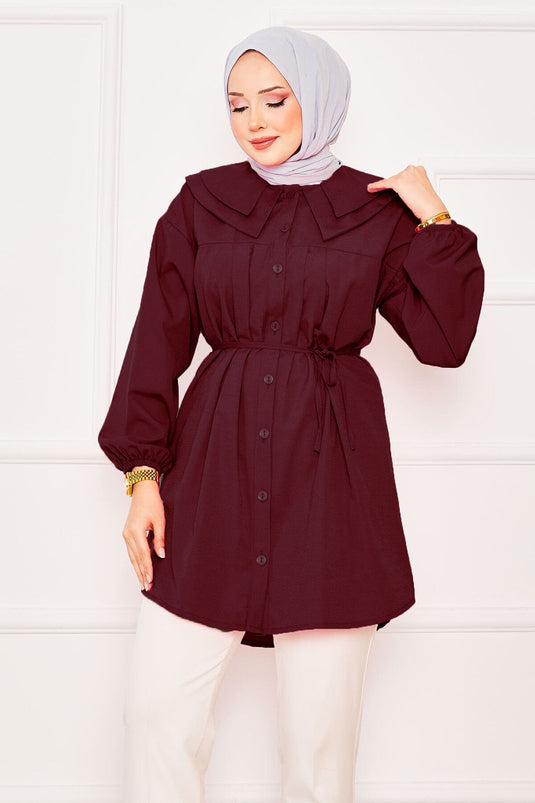 Chemise hijab à double col et taille nouée rouge bordeaux