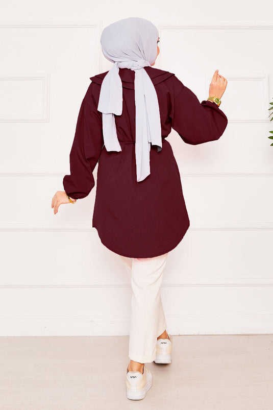 Chemise hijab à double col et taille nouée rouge bordeaux