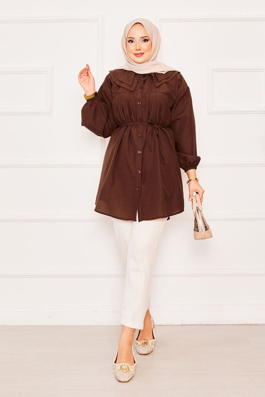 قميص حجاب بني برباط خصر مزدوج