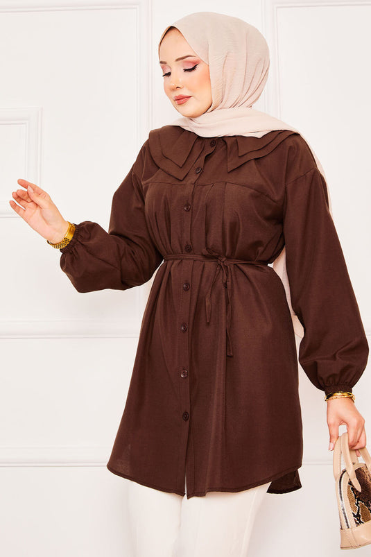 Chemise hijab à double col et taille nouée marron