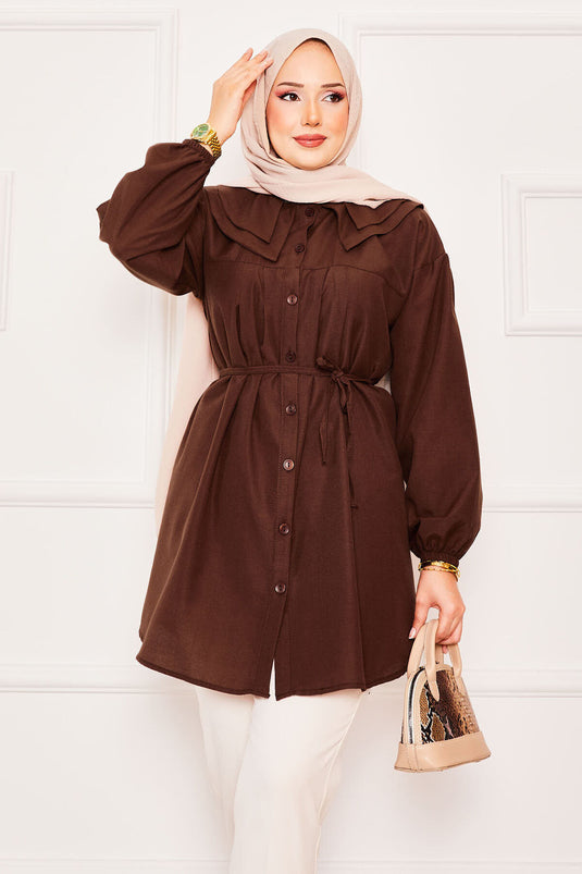 Chemise hijab à double col et taille nouée marron