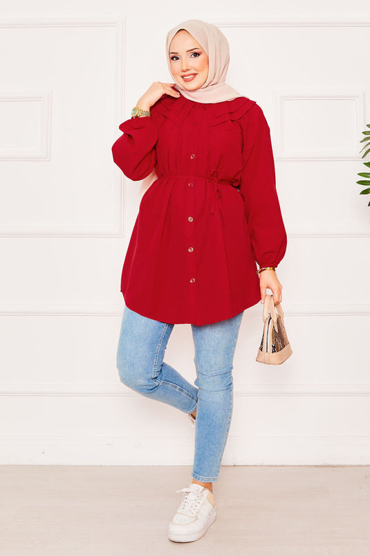قميص حجاب أحمر ذو ياقة مزدوجة وخصر مربوط