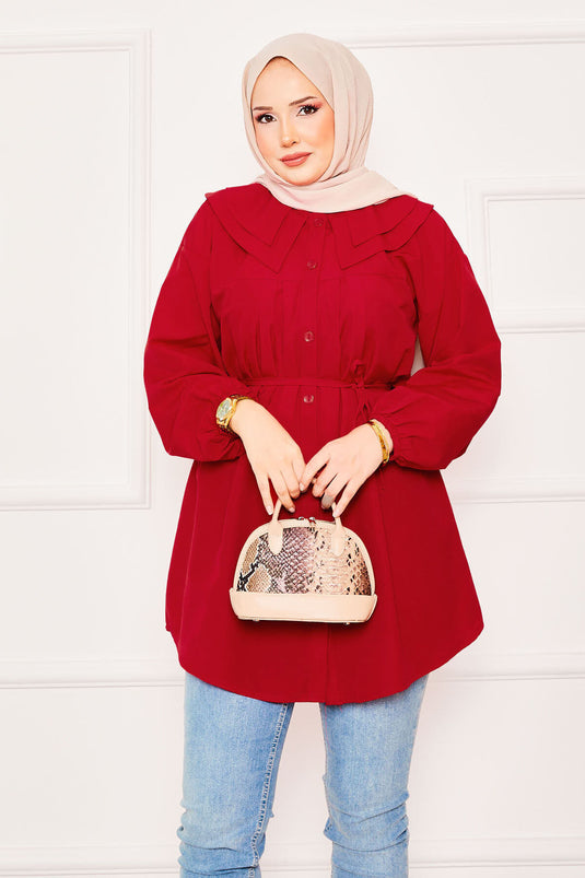 Chemise hijab rouge à double col et taille nouée